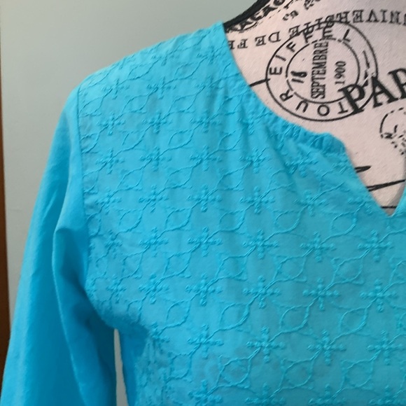 Srishti Aqua Blue Embroidered 100% Cotton Indian Kurta Women’s Small 3/4 Sleeve - Picture 2 of 6